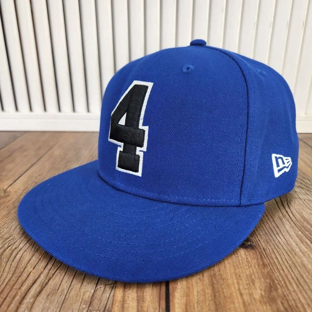 New Era 59fifty #4 Fitted Size 7 1/2 Baseball Cap Blue Black Flat Bill Sport Hat